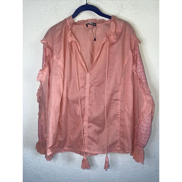 NEW western fairy blouse Boho Balloon Sleeve Lace M Coral Ruffle vneck tassel - Picture 1 of 9